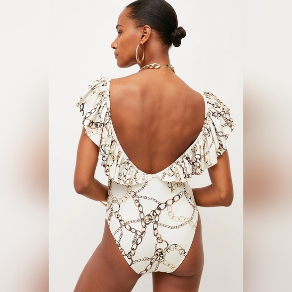 Karen Millen Ruffle Detail Chain Print Swimsuit M NWT - Picture 2 of 7